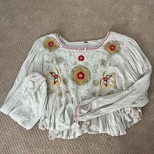 Free People long sleeve pink floral stitched top